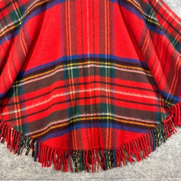 Vintage Edinburgh Woollen Mill Red Plaid Tartan Wool Poncho Cape Hooded Fringe - Picture 13 of 16